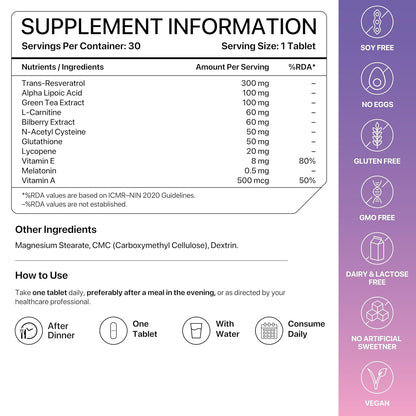 Supplement information label with nutritional details and free-from icons on a white background.
