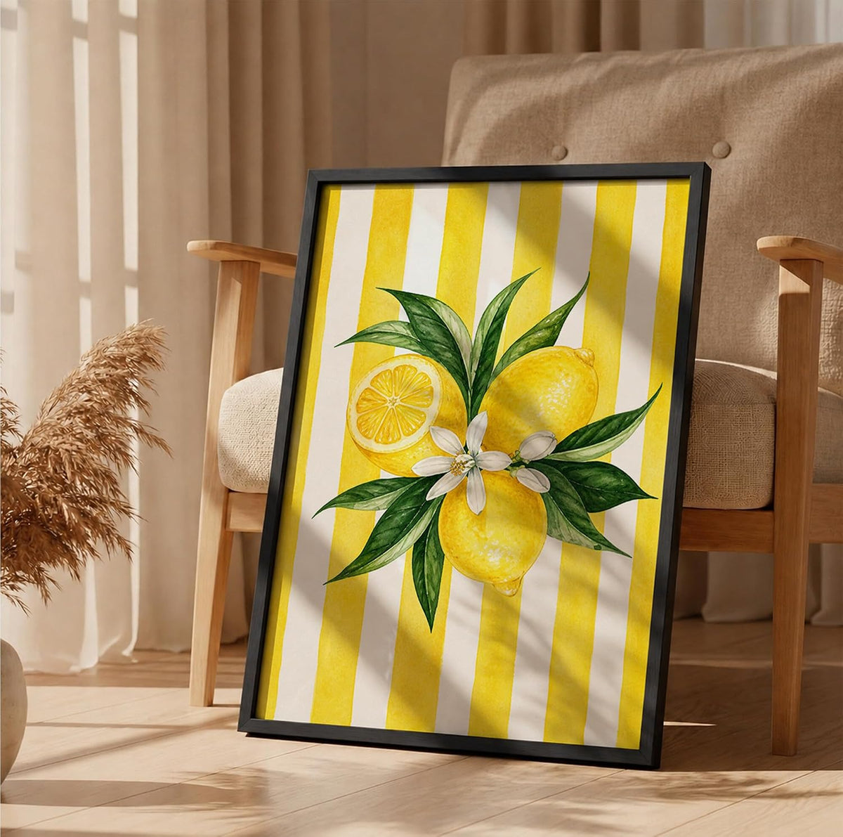 Lemon Wall Art Framed Painting for Home Decor, Citrus Fruit Botanical Artwork Wall Decor for Living Room Bedroom Kitchen Dining Room, Yellow Retro Aesthetic Room Decoration (DGN07-Black10x13 inch)