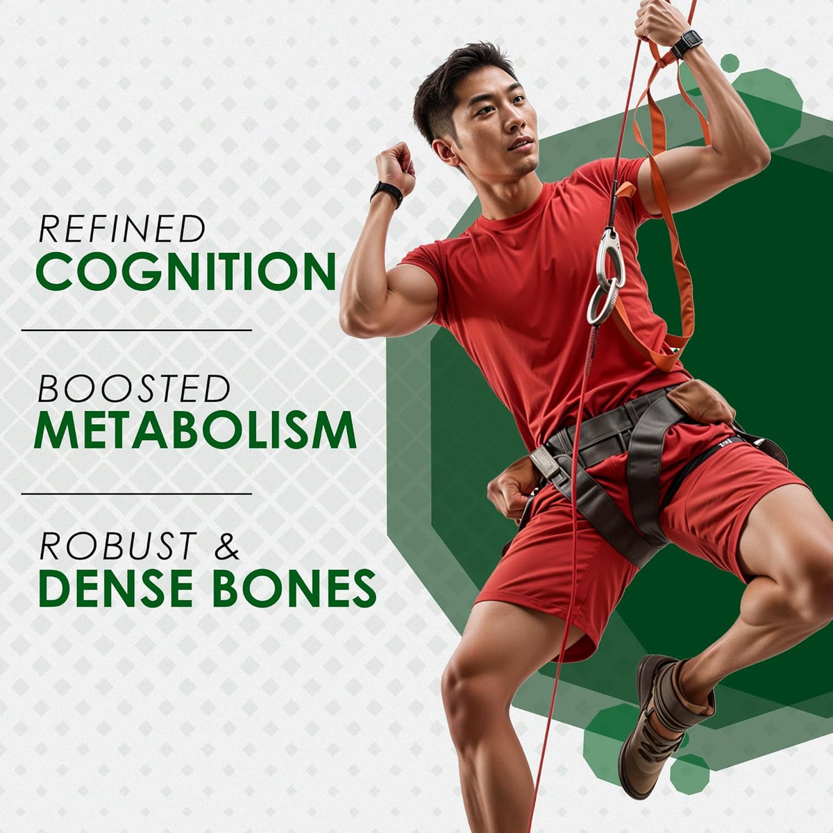 Man in red shirt and shorts climbing a rope with health benefits text on a green and white background