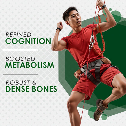 Man in red shirt and shorts climbing a rope with health benefits text on a green and white background