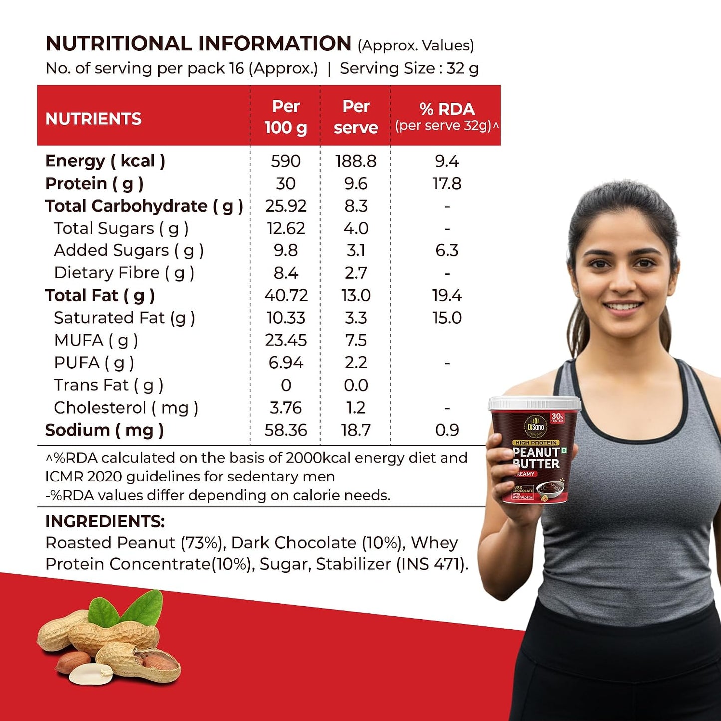 DiSano High Protein Dark Chocolate Peanut Butter with Whey Protein, Creamy | 30g Protein. Gluten Free, Post & Pre Workout snack