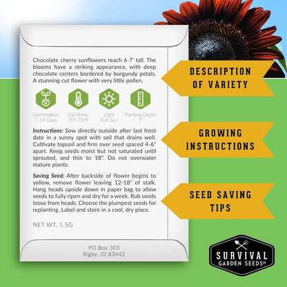 SURVIVAL GARDEN SEEDS 50+ SEEDS- Chocolate Cherry Sunflower Seed for Planting - Non-GMO Heirloom Variety