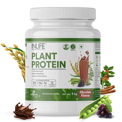 INLIFE Plant Protein Powder - Pea, Quinoa & Brown Rice - 25g Protein - Ashwagandha, Green Tea & Grape Seed Extract - Digestive Enzymes Bodybuilding Supplement (1kg, Chocolate)