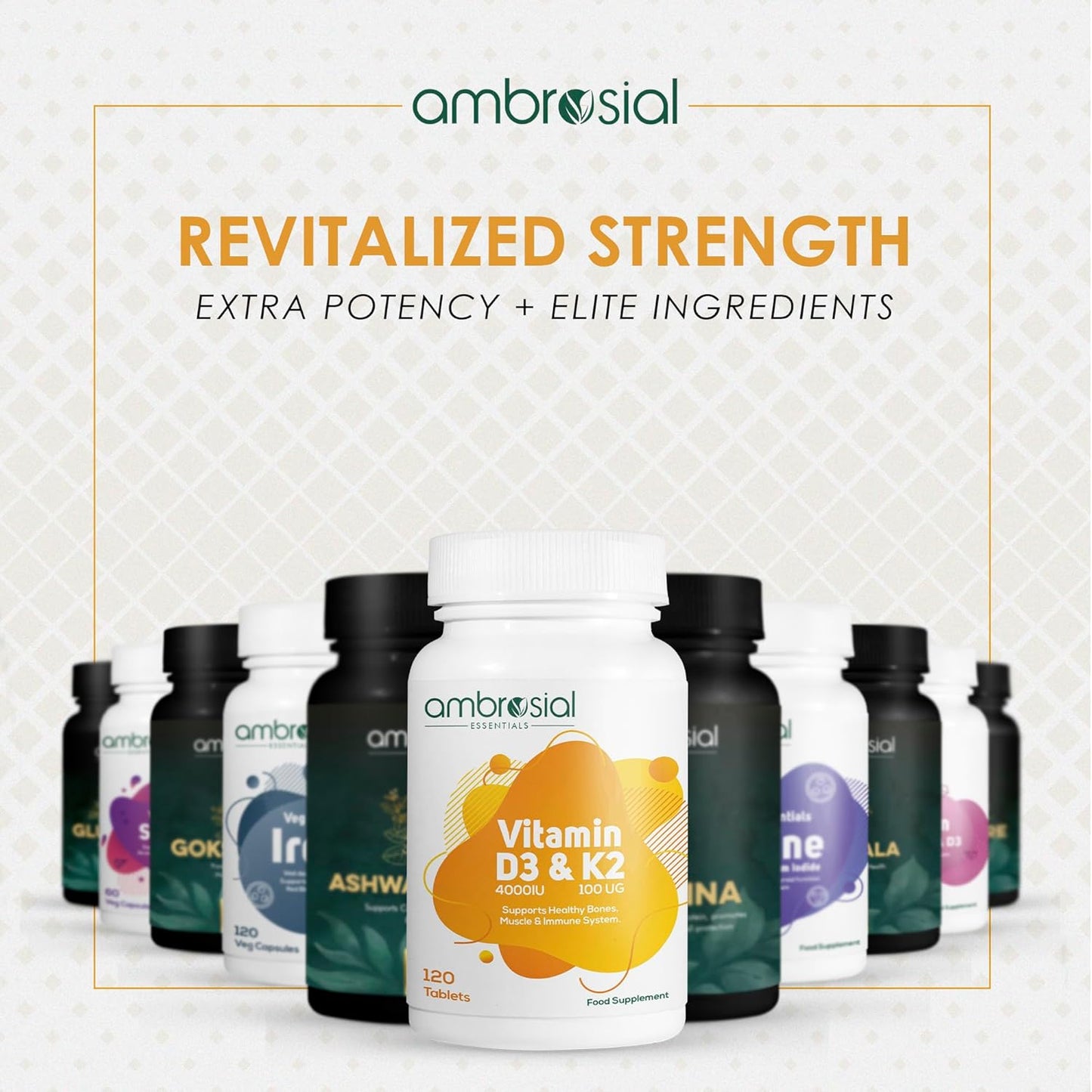 Ambrosial Vitamin D3 & K2 Tablets 4000IU Vitamin D3 + 100µg K2 MK-7 for Healthy Bones, Muscles, and to Support The Immune System - 120 Tablets