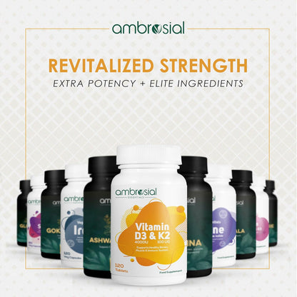 Ambrosial Vitamin D3 & K2 Tablets 4000IU Vitamin D3 + 100µg K2 MK-7 for Healthy Bones, Muscles, and to Support The Immune System - 120 Tablets