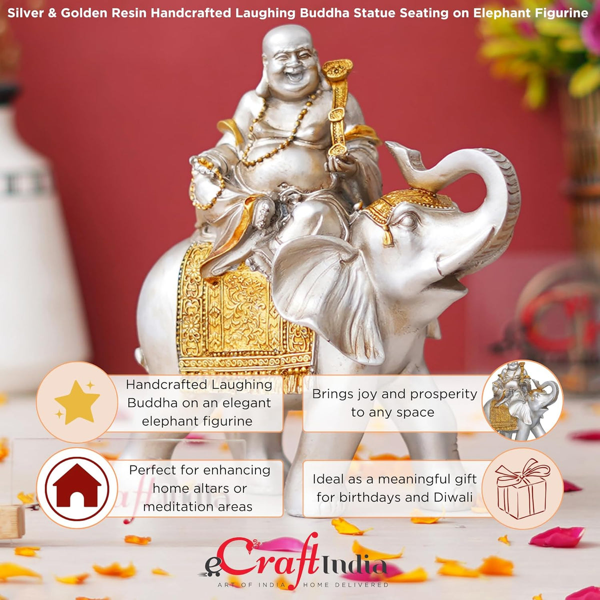 Silver Golden Resin Laughing Buddha Statue Seating on Elephant Figurine Showpiece for Home Decor Living Room Bedroom Laughing Buddha for Good Luck Money| Gift for Birthday Friendship Day