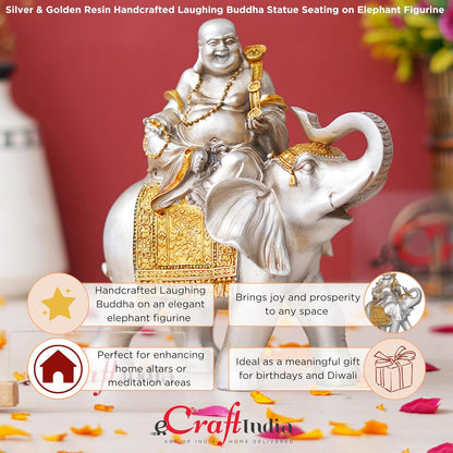 Silver Golden Resin Laughing Buddha Statue Seating on Elephant Figurine Showpiece for Home Decor Living Room Bedroom Laughing Buddha for Good Luck Money| Gift for Birthday Friendship Day
