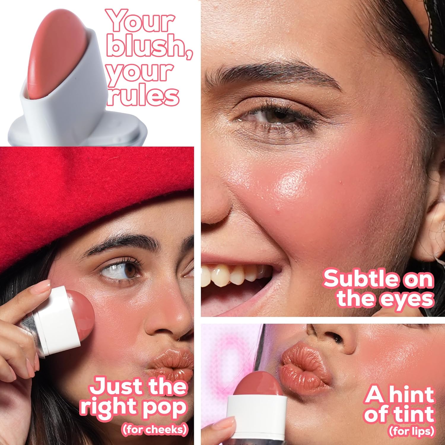 Makeup product with application examples on face and text describing its use.