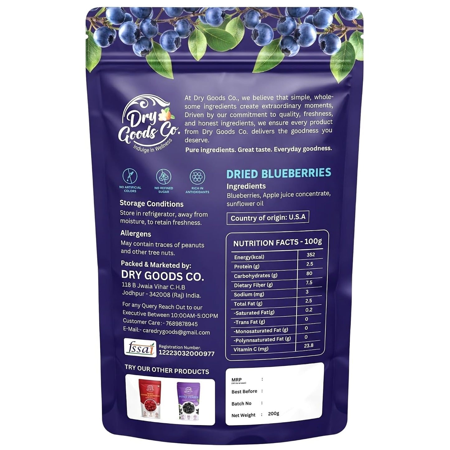 DRY GOODS CO. Dried Blueberries 200g No Added Sugar Premium Berry Snack