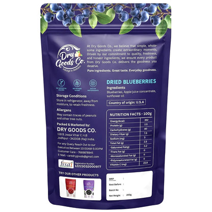 DRY GOODS CO. Dried Blueberries 200g No Added Sugar Premium Berry Snack