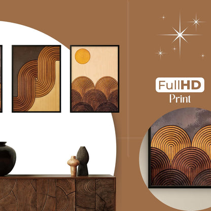 Mid-Century Modern Wall Art Set of 3 - Abstract Geometric Prints for Living Room Decor - Boho Sun and Moon Landscape Art With Frame