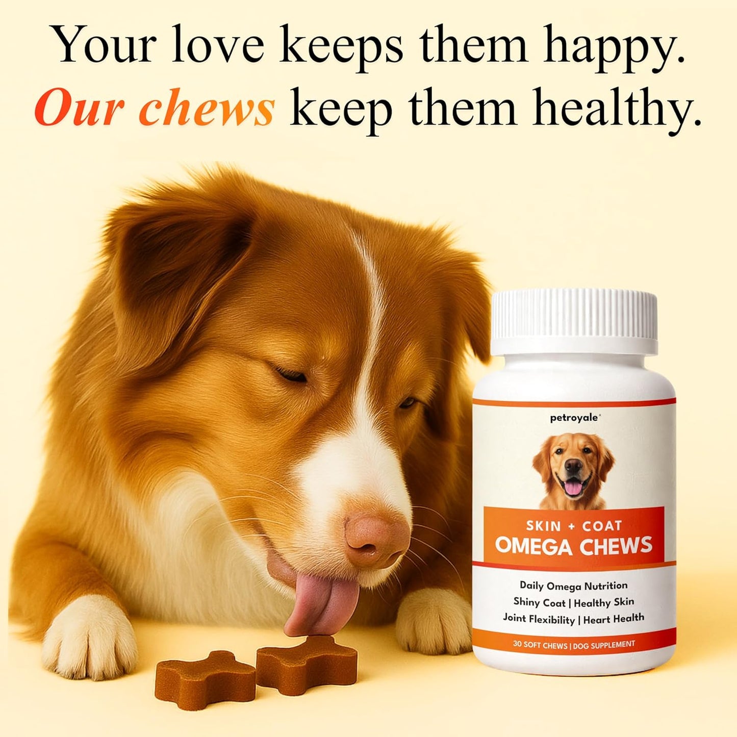 Petroyale Skin & Coat Omega Chews for Dogs | Omega 3 6 9 Soft Chews for Healthy Skin, Shiny Coat & Reduced Shedding | Dog Skin and Coat Supplement | 30 Soft Chews