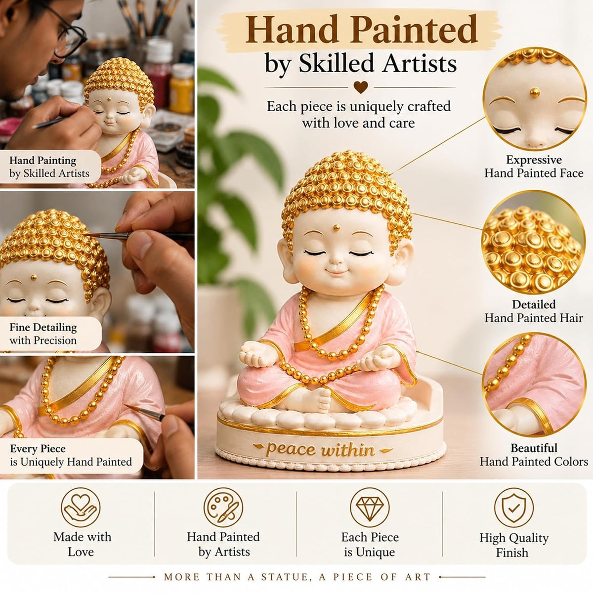 Buddha Idol for Home Decor | 5 Inch Pink & Gold Buddha Statue | Decorative Showpiece for Living Room, Office Table, Meditation Room | Buddha Gift Item