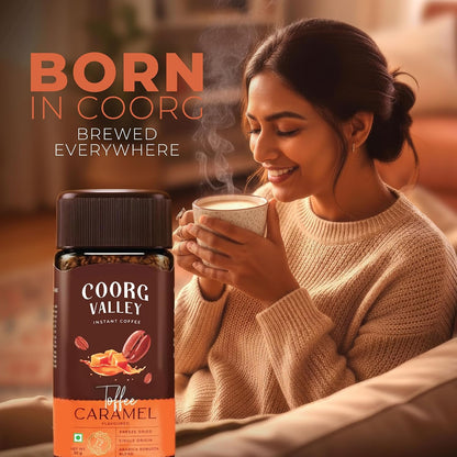 Coorg Valley Toffee Caramel Instant Coffee 50g | Flavoured Coffee | Premium Blend of Robusta & Arabica | Freeze Dried | Make Café Style Hot & Cold Coffee at Home