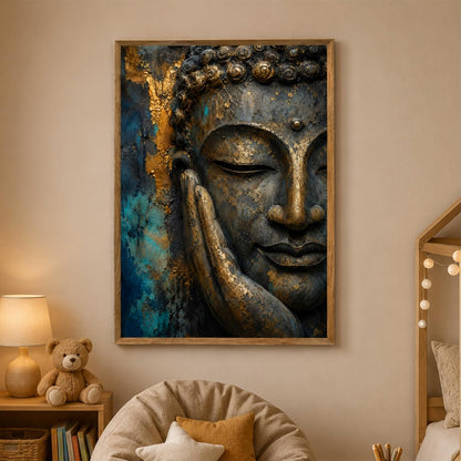 Buddha Face Wall Painting for Living Room Bedroom Hall Office Decor, Peaceful Spiritual Artwork with Sparkle Laminate and Premium Wooden Synthetic Frame (13.5 x 19.5 Inch) NM01-4097