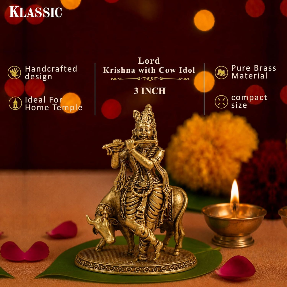 3 Inch Pure Brass Lord Krishna with Cow Idol | Flute Playing Kanha Murti for Mandir, Pooja Room, Home Temple, Pooja, Vastu & Spiritual Décor | Ideal for Diwali & Festive Gifting (Pack of 1)