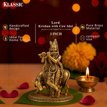 3 Inch Pure Brass Lord Krishna with Cow Idol | Flute Playing Kanha Murti for Mandir, Pooja Room, Home Temple, Pooja, Vastu & Spiritual Décor | Ideal for Diwali & Festive Gifting (Pack of 1)