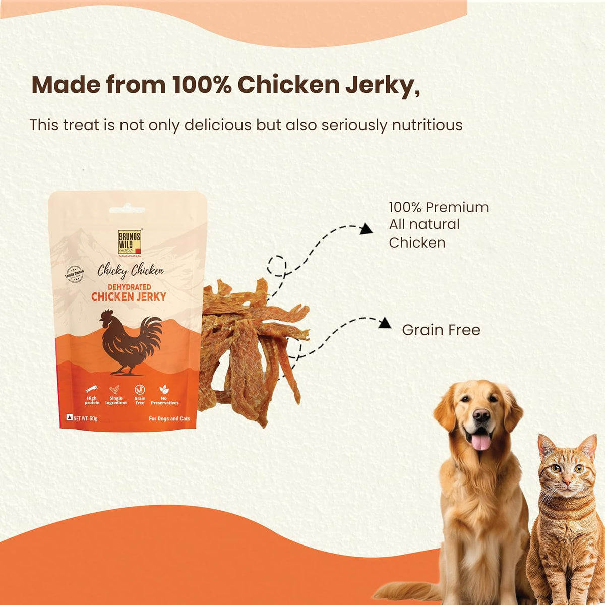 Brunos Dehydrated Chicken Jerky - 60g | Treat for Dogs & Cats|Grain Free Natural Treats | Single Ingredient | Preservative Free | Immunity Boost Formula | Healthy Snack for Pets