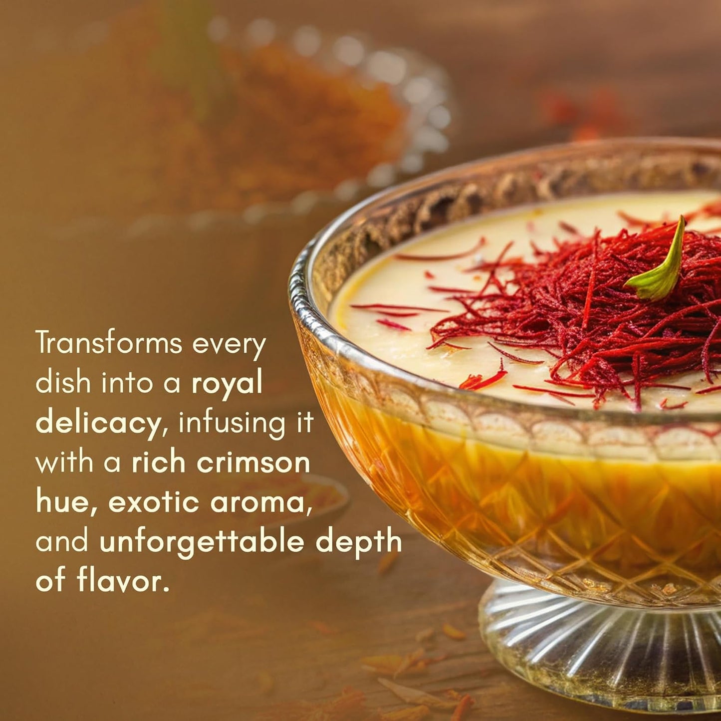 Decorative bowl with saffron and text on a warm background