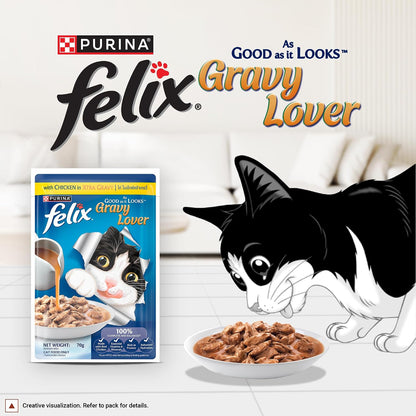 Purina Felix Chicken Gravy Lover, Wet Food for Adult Cats, 70g Pouch | With Chicken in Gravy, Tasty Meaty Chunks, 100% Complete & Balanced Nutrition, Vitamins D & E, Omega 6, Essential Minerals