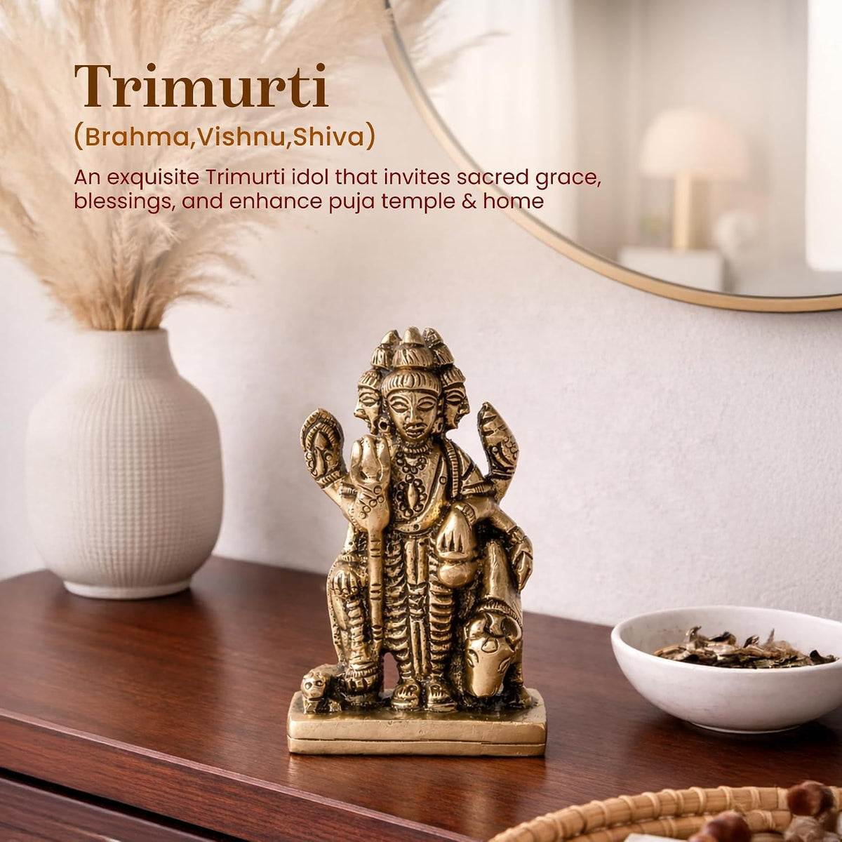 Brass Dattatreya Idol | Brahma Vishnu Mahesh Trimurti Murti for Mandir & Pooja Room | Brass God Statue for Home Decor (Design01: L4.5 x W7 x H7 cm)