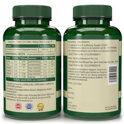 Nutrabud Organics Sea Buckthorn Berry Powder Capsules 1000mg - 60 Veg Tabs - Natural Source of Vitamin-A,C,E,K, Omega-3,6,7,9 & Antioxidants for Skin Glow & Collagen Boost (60 Count (Pack of 1))