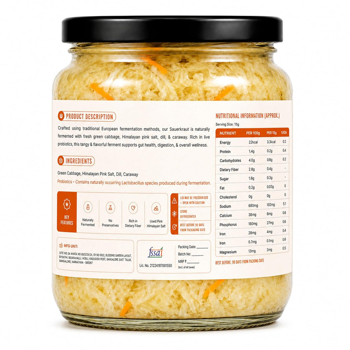 Sauerkraut Probiotic Cabbage | Naturally Fermented | Organic, Raw, Artisanal, Plant-Based, Preservative Free | Happy Live Cultures (250 Grams)
