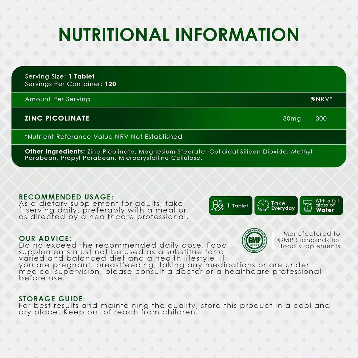 Nutritional information label for a supplement tablet with green and white color scheme.
