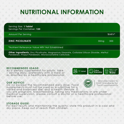 Nutritional information label for a supplement tablet with green and white color scheme.