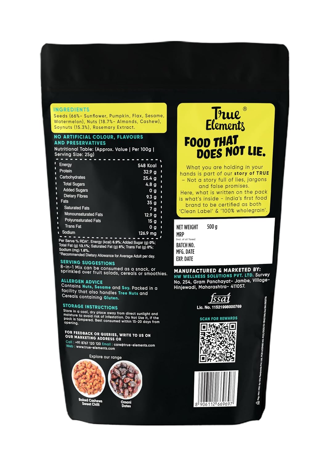 True Elements 8-in-1 Mix Ready-to-Eat Snack, Watermelon, Pumpkin, Sunflower, Flax, Sesame, Almonds, Cashews, Soynuts, High in Protein, 500g