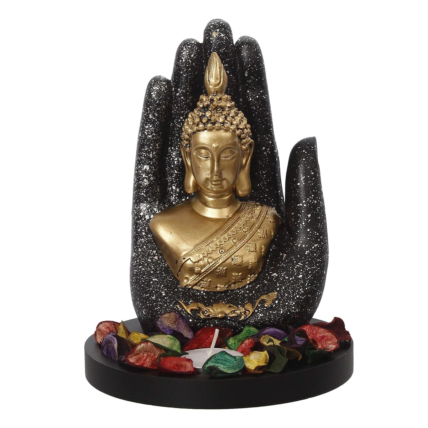 eCraftIndia Black Golden Resin Palm Buddha Statue Tea Light Candle Holder Showpiece