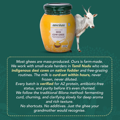 Anveshan A2 Desi Cow Ghee 150ml | Traditionally Bilona-Churned, Danedar Ghee | Aromatic| NABL Lab Tested (70+ tests), Cruelty-Free | Grass-Fed | Glass Jar