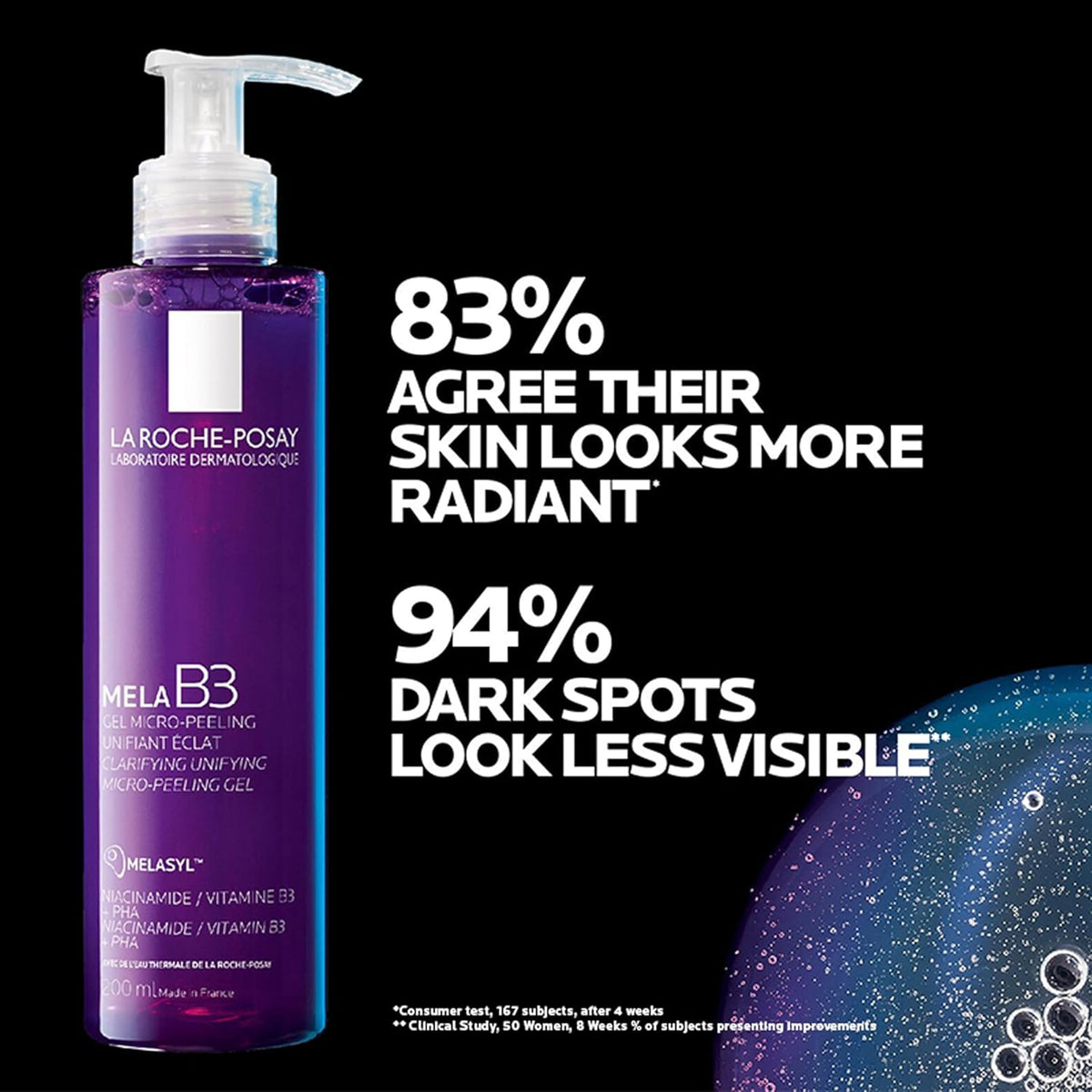 La Roche-Posay skincare product with customer feedback on skin radiance and dark spots.