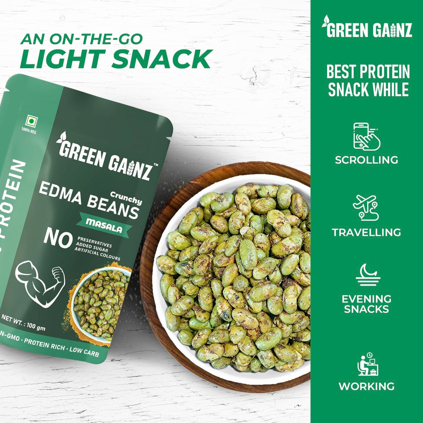 Green Gainz Roasted Edamame Masala Flavour 100gm | 100% Veg High Protein Snack | No Added Sugar | Non-GMO | Rich in Fiber | No Gluten