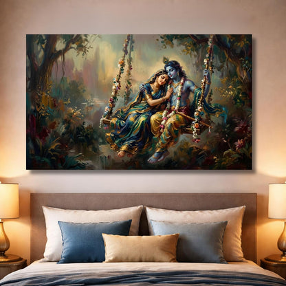 Artistic Premium Radha Krishna Canvas Painting for Living Room | Radha Krishna painting for wall Big Size | Spiritual Vastu Home Decor | Radha Krishna jhula wall painting for Bedroom | Hindu God Large Canvas Wall Painting (36 X 24 INCH, Unframed - LARGE)
