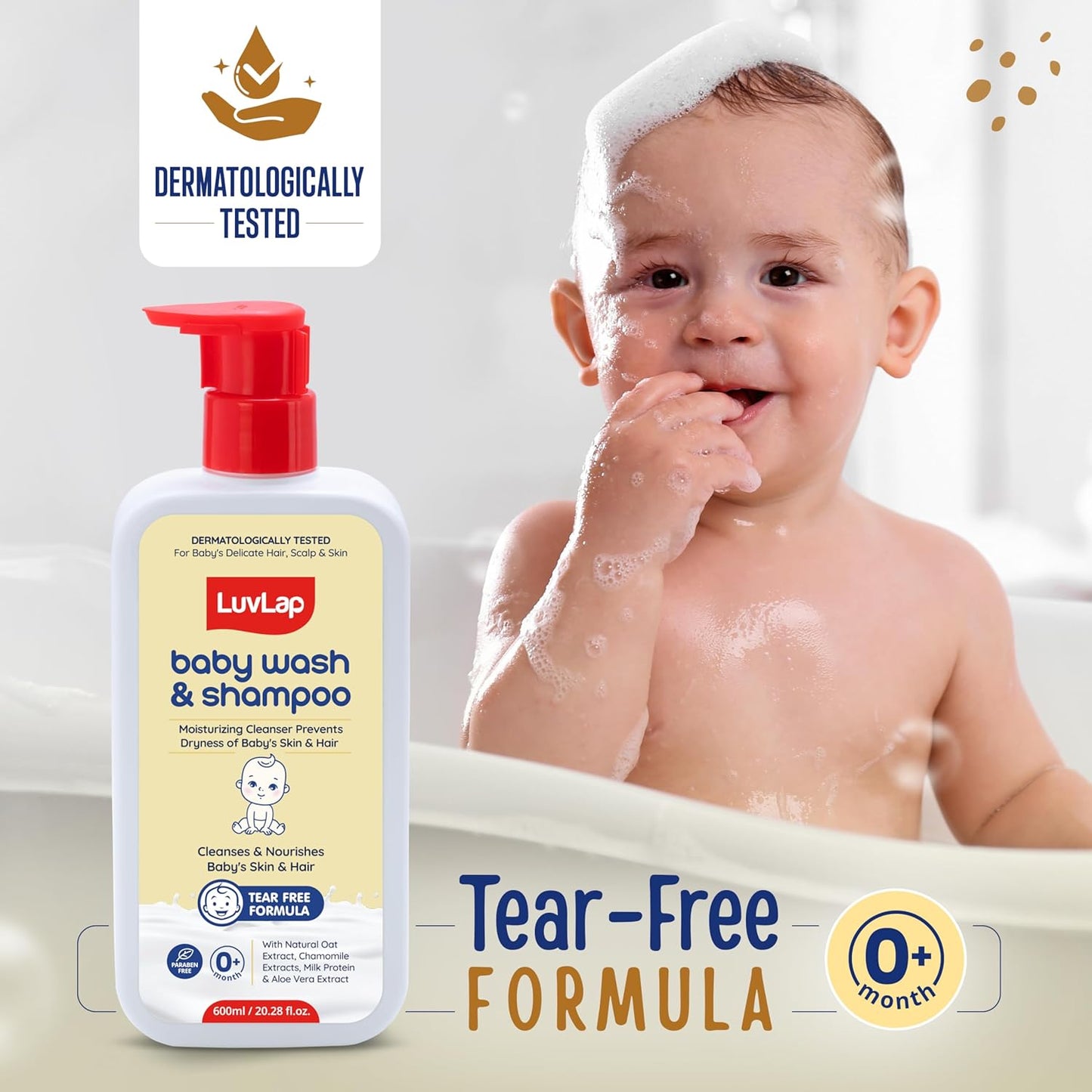 LuvLap Baby Wash & Shampoo -600ml, Milky Soft Head to Toe Wash With Oatmeal & Shea Butter, Paraben Free, Tear Free, Rich Moisturised Skin & Soft Hair, 2 in 1 Baby Body Wash, Dermatologically Tested
