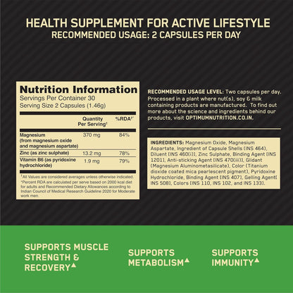 Optimum Nutrition (ON) Zinc Magnesium Aspartate (ZMA) - 60 Capsules, Muscle Strength, Metabolism, Immunity, Vegetarian