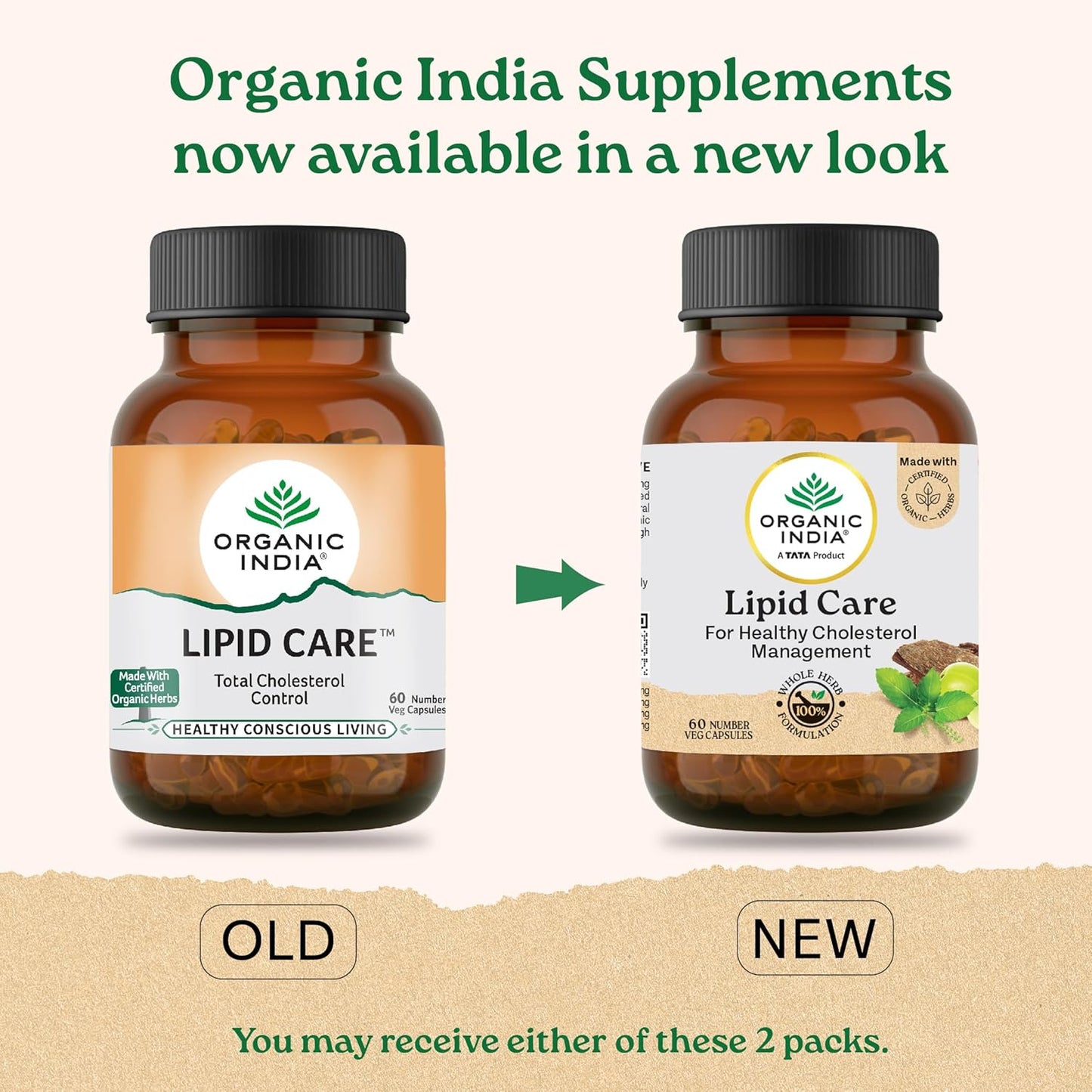 Two bottles of Organic India Supplements with labels for 'Lipid Care' on a beige background.