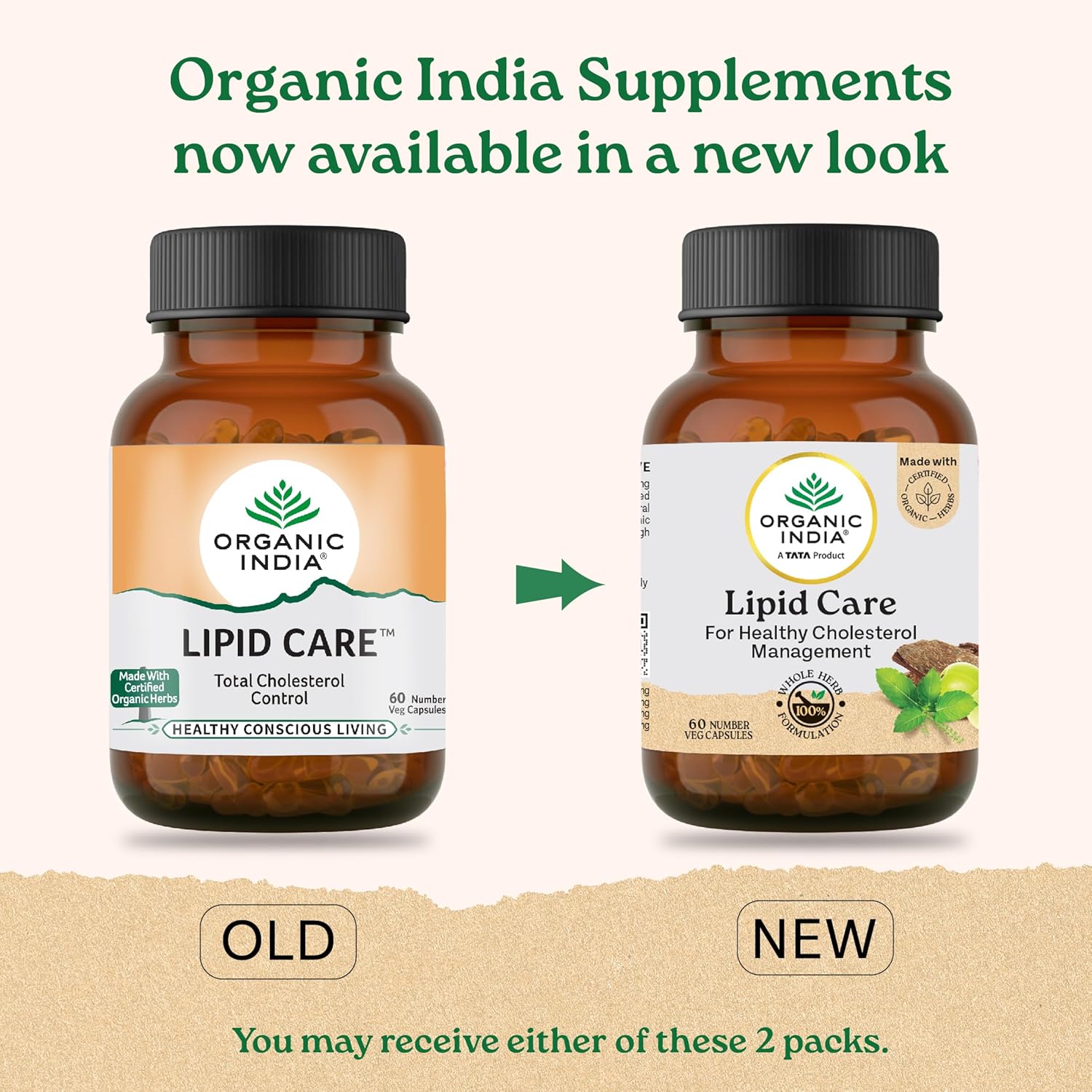 Two bottles of Organic India Supplements with labels for 'Lipid Care' on a beige background.