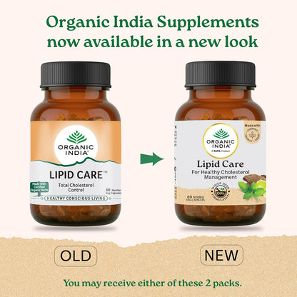 Two bottles of Organic India Supplements with labels for 'Lipid Care' on a beige background.