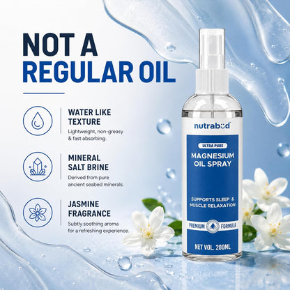 Nutrabud Magnesium Oil Spray - 200ml | Topical Spray Magnesium Oil For Feet, Muscle Relaxation, Deep Sleep Support, Recovery From Cramps (200ml (Pack of 1))