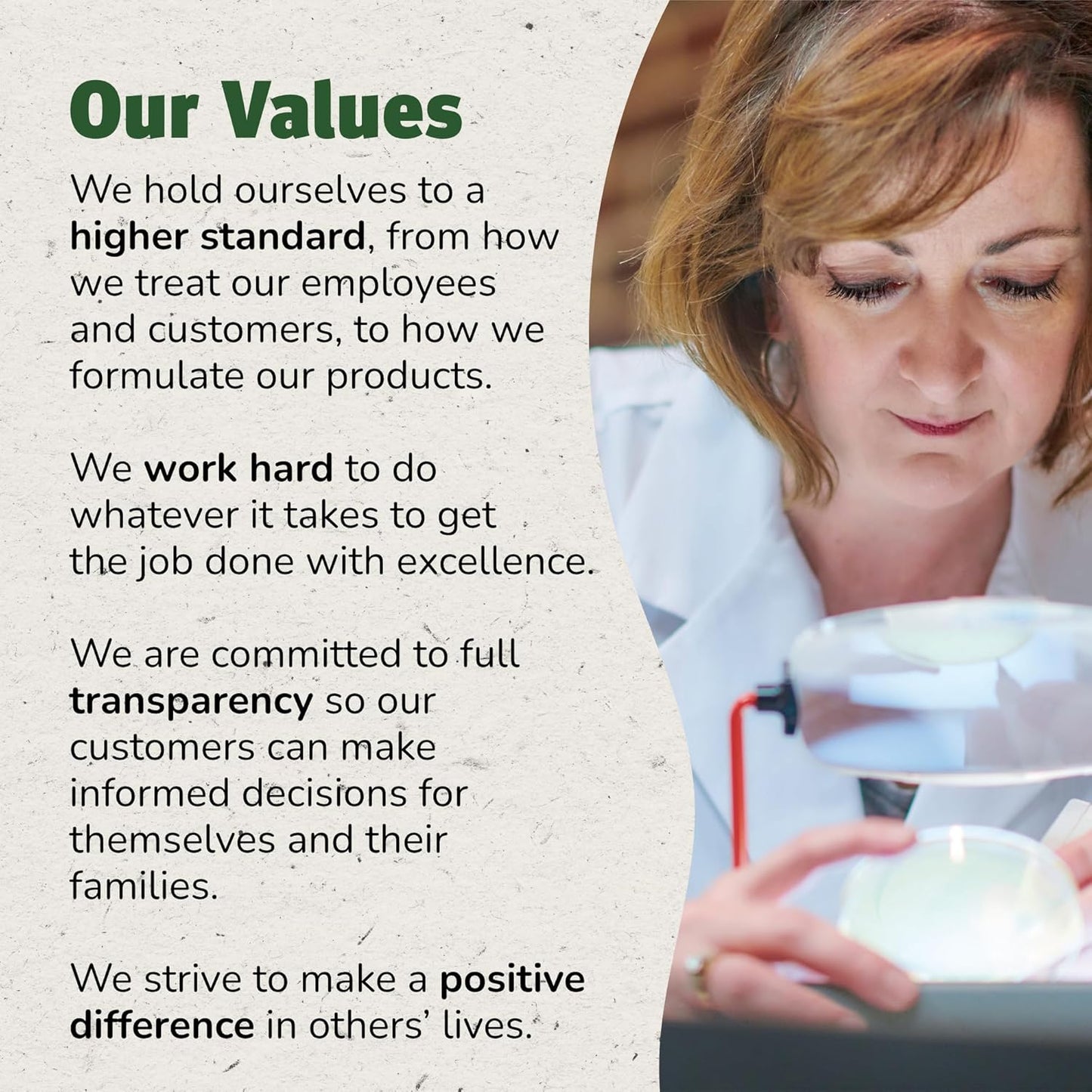 Person in a lab coat holding a container with text about values and commitment to excellence.