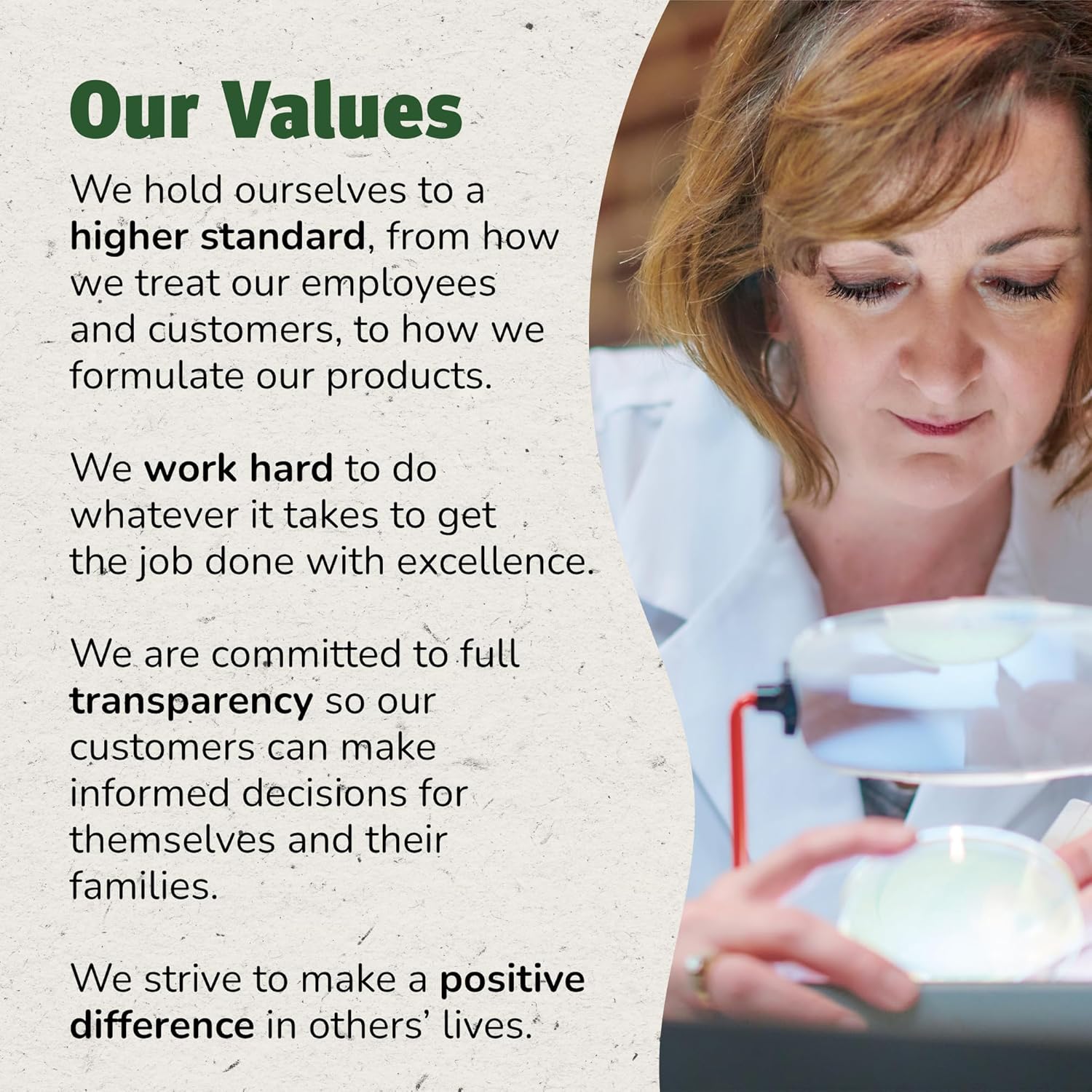 Person in a lab coat holding a container with text about values and commitment to excellence.
