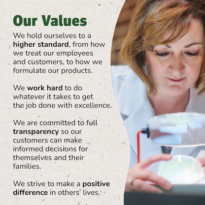 Person in a lab coat holding a container with text about values and commitment to excellence.