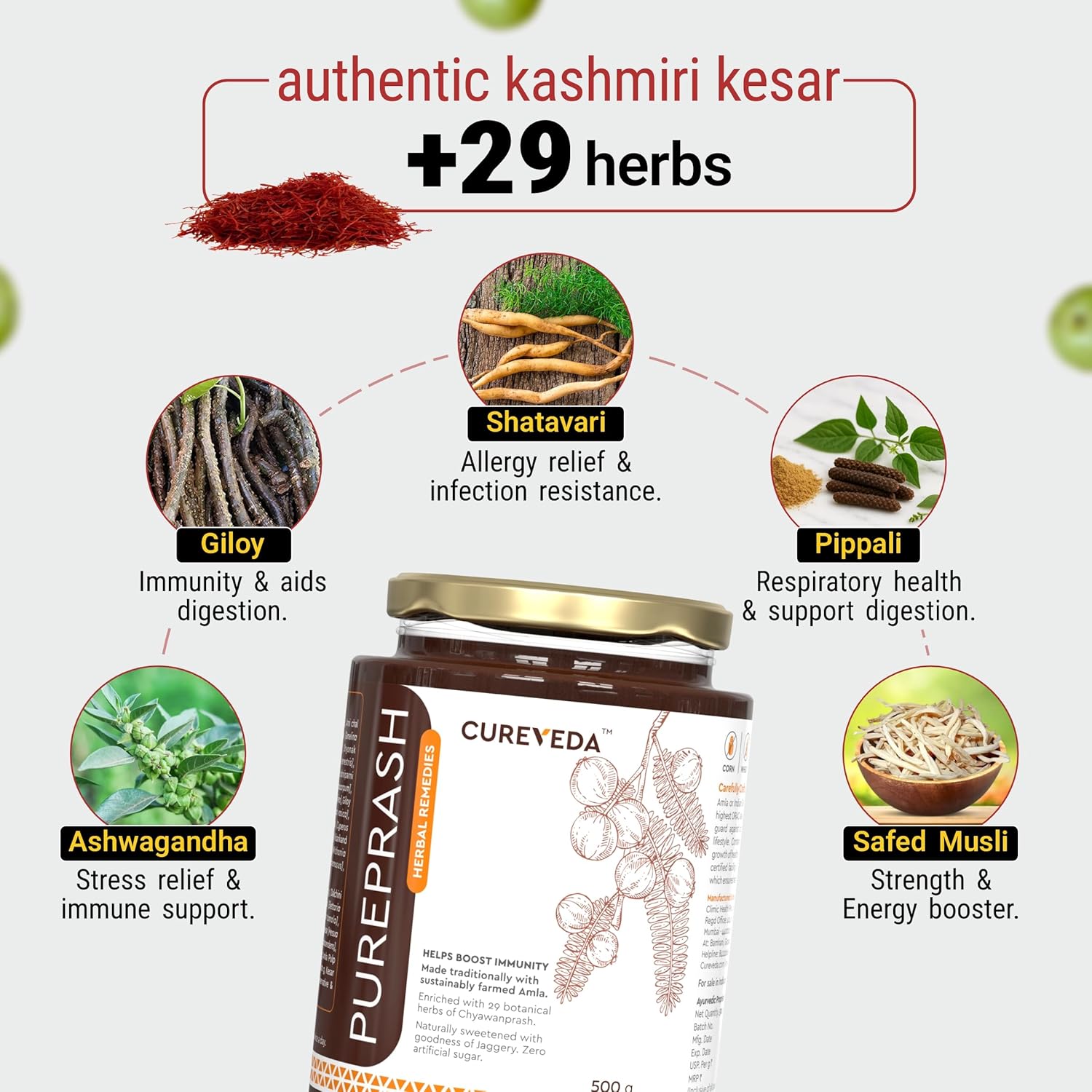 Cureveda Pureprash product with ingredients and benefits on a white background