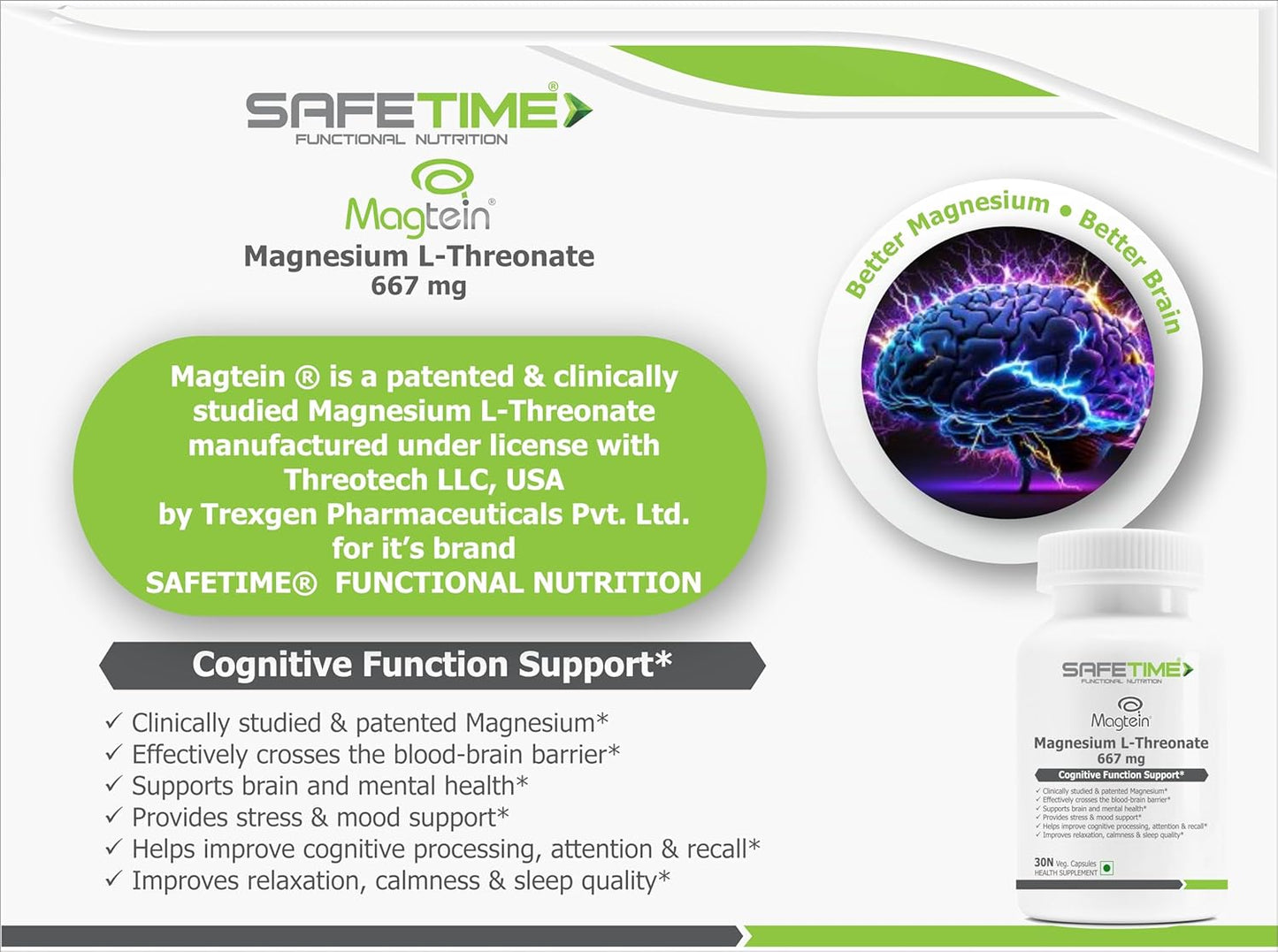Advertisement for SAFETIME Functional Nutrition Magnesium L-Threonate supplement packaging.