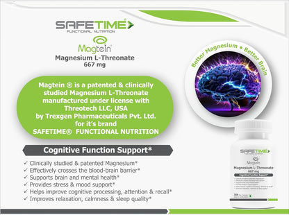 Advertisement for SAFETIME Functional Nutrition Magnesium L-Threonate supplement packaging.