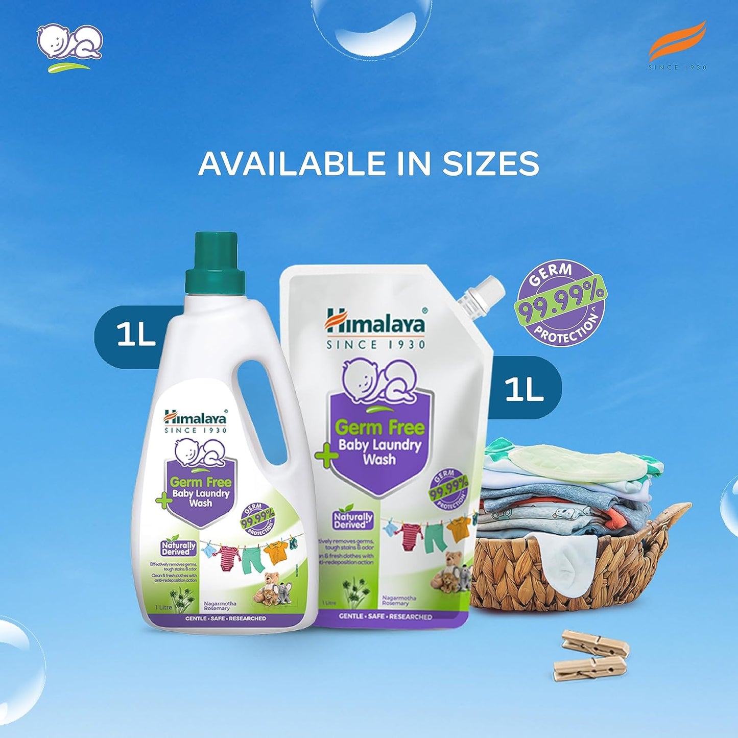 Himalaya Baby Laundry Wash bottles on a blue background with text indicating sizes and benefits.