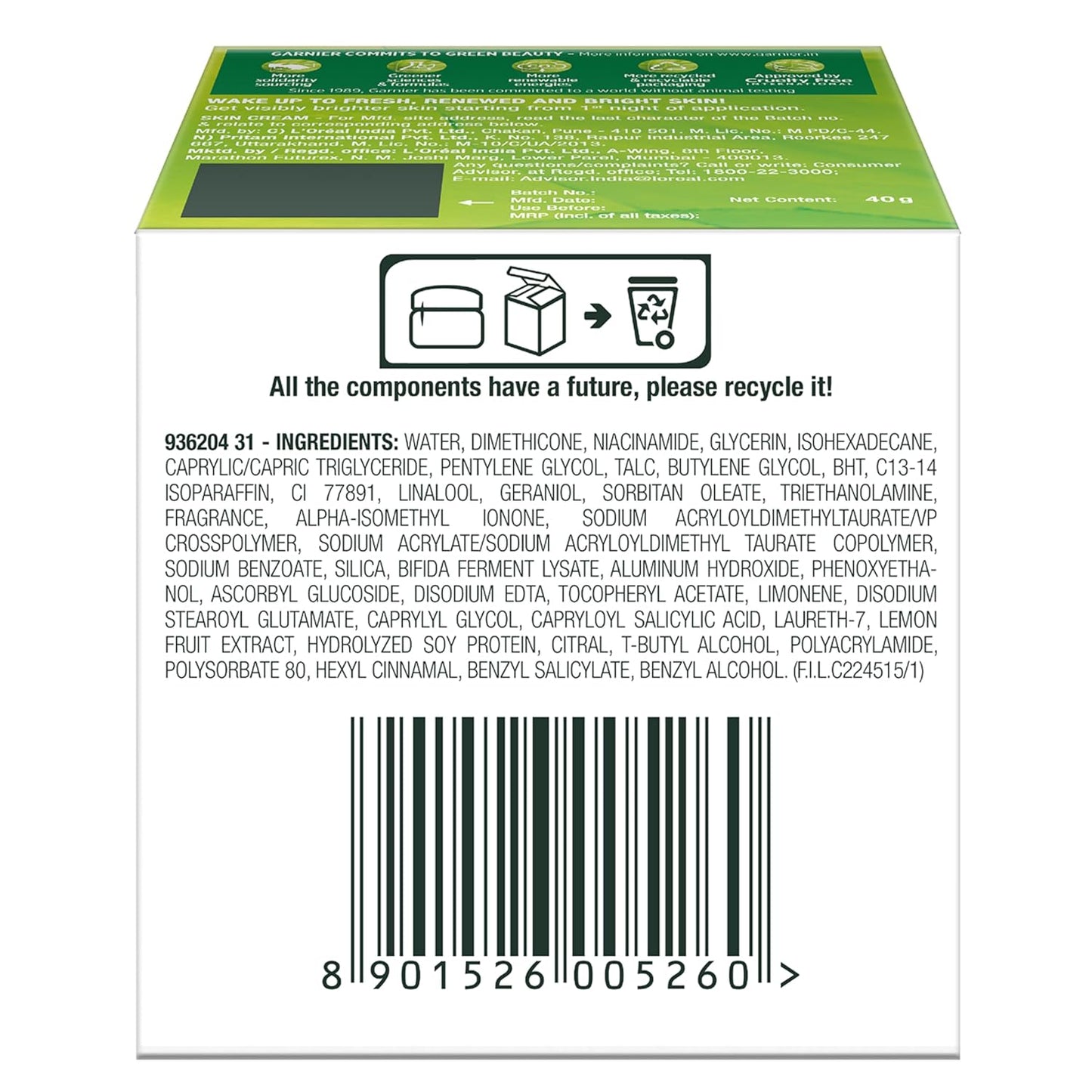 Back of a product packaging with recycling information and ingredient list.