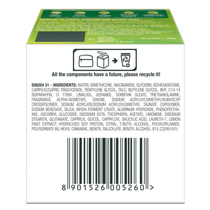 Back of a product packaging with recycling information and ingredient list.